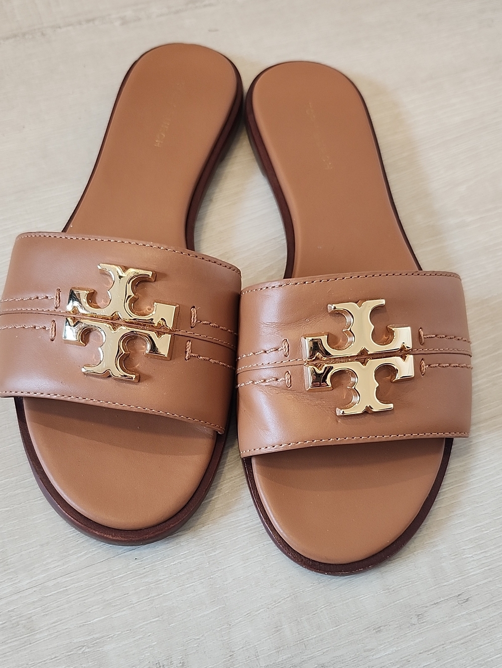 Tory Burch Tan Leather Logo Slide Sandals